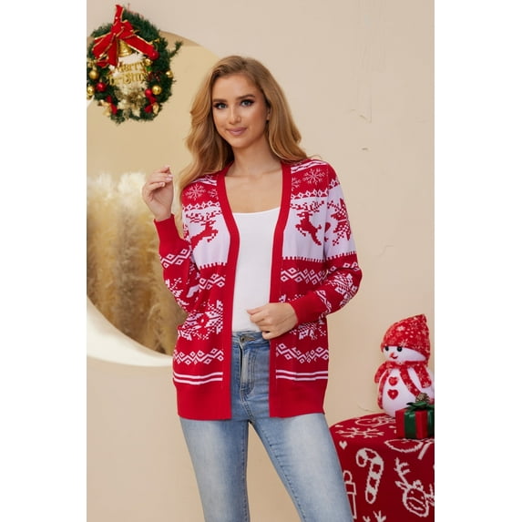 Uvplove Women's Ugly Christmas Cardigan Long Sleeve Open Front Knit Cardigans Sweater with Pockets F Christmas Red-XL,S-2XL