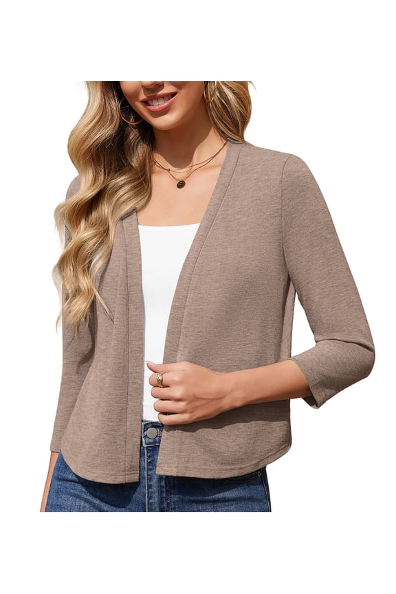 Women's V-Neck 3/4 Sleeve Soft Lightweight Open-Front Knit Cardigan,Brown Camel,M