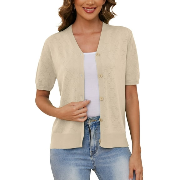Uvplove Women's V Neck Crochet Knit Cardigan Short Sleeve Open Front Button Down Hollowed Out Soft Shrugs Tops,Apricot,Medium