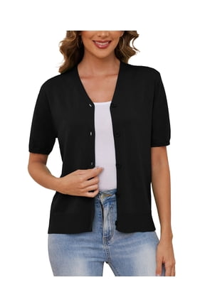 Women's V Neck Crochet Knit Cardigan Short Sleeve Open Front Button Down Hollowed Out Soft Shrugs Tops,Black,Small