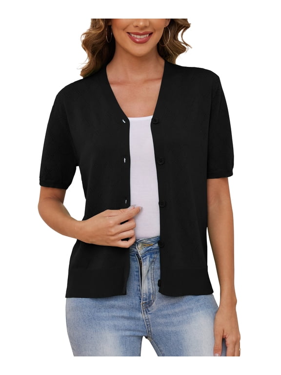 Women's V Neck Crochet Knit Cardigan Short Sleeve Open Front Button Down Hollowed Out Soft Shrugs Tops,Black,X-large