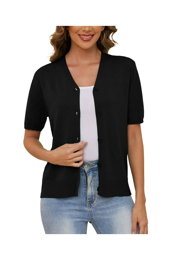 Women's V Neck Crochet Knit Cardigan Short Sleeve Open Front Button Down Hollowed Out Soft Shrugs Tops,Black,XX-large