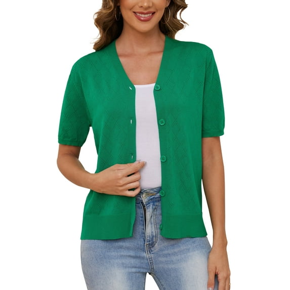 Uvplove Women's V Neck Crochet Knit Cardigan Short Sleeve Open Front Button Down Hollowed Out Soft Shrugs Tops,Bright Green,Small