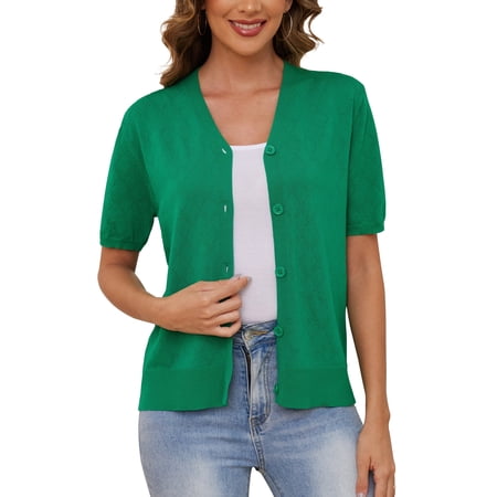 Uvplove Women's V Neck Crochet Knit Cardigan Short Sleeve Open Front Button Down Hollowed Out Soft Shrugs Tops,Bright Green,XX-large