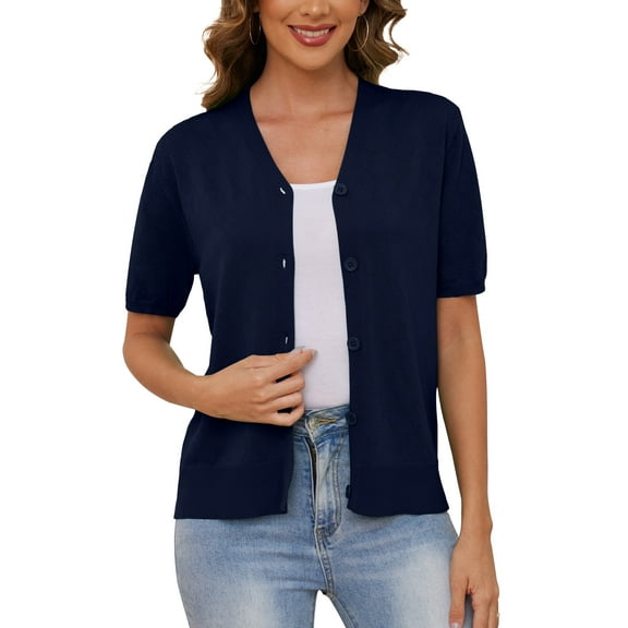 Uvplove Women's V Neck Crochet Knit Cardigan Short Sleeve Open Front Button Down Hollowed Out Soft Shrugs Tops,Navy blue,XX-large