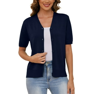 Uvplove Women's V Neck Crochet Knit Cardigan Short Sleeve Open Front Button Down Hollowed Out Soft Shrugs Tops,Navy blue,large