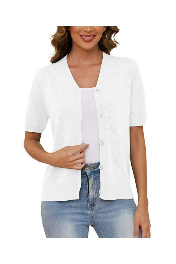 Women's V Neck Crochet Knit Cardigan Short Sleeve Open Front Button Down Hollowed Out Soft Shrugs Tops,Pure White,X-large
