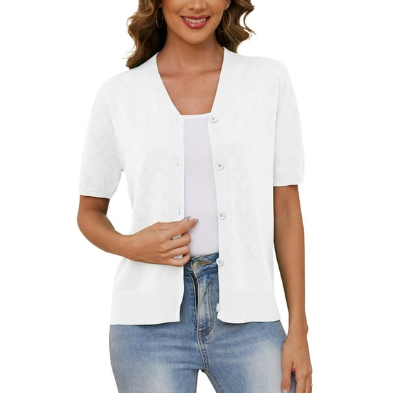 Uvplove Women's V Neck Crochet Knit Cardigan Short Sleeve Open Front Button Down Hollowed Out Soft Shrugs Tops,Pure White,X-large