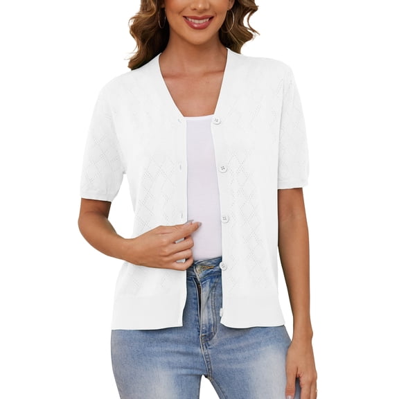 Uvplove Women's V Neck Crochet Knit Cardigan Short Sleeve Open Front Button Down Hollowed Out Soft Shrugs Tops,Pure White,XX-large