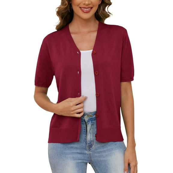 Uvplove Women's V Neck Crochet Knit Cardigan Short Sleeve Open Front Button Down Hollowed Out Soft Shrugs Tops,Z Red,Medium