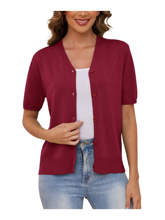Women's V Neck Crochet Knit Cardigan Short Sleeve Open Front Button Down Hollowed Out Soft Shrugs Tops,Z Red,large