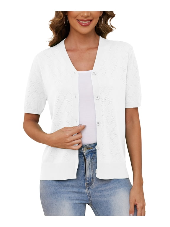 Women's V Neck Crochet Knit Cardigan Short Sleeve Open Front Button Down Hollowed Out Soft Shrugs Tops(S-2XL)