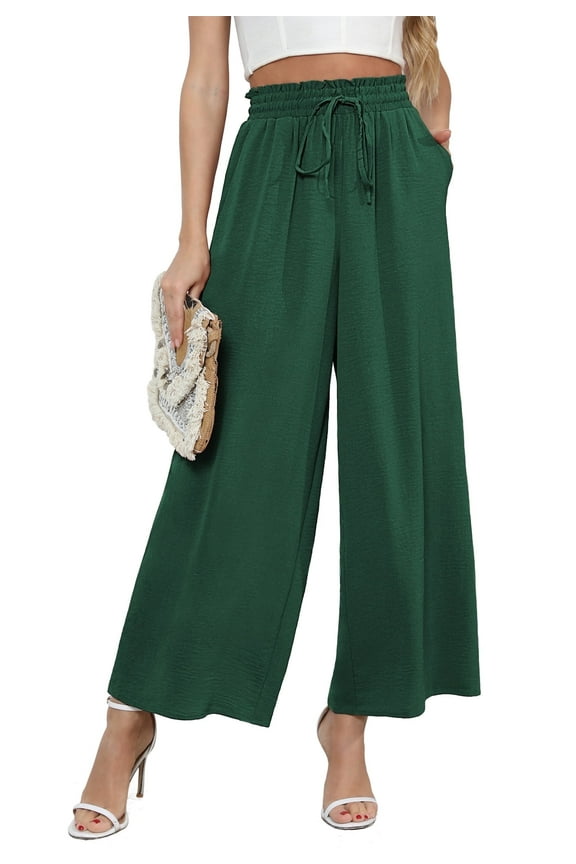Women's Wide Leg Trousers Palazzo Pants Drawstring Waist Summer Loose Trousers with Pockets Army Green-XL