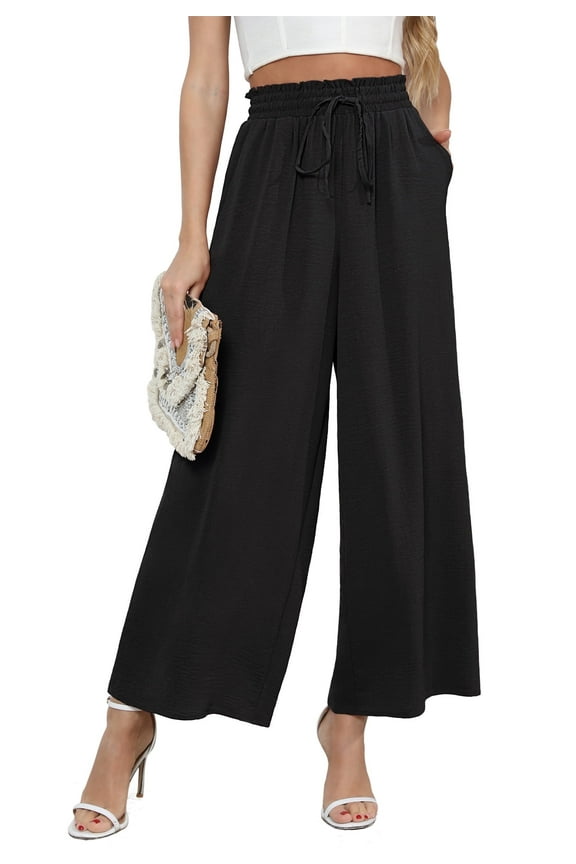 Women's Wide Leg Trousers Palazzo Pants Drawstring Waist Summer Loose Trousers with Pockets Black-XXL
