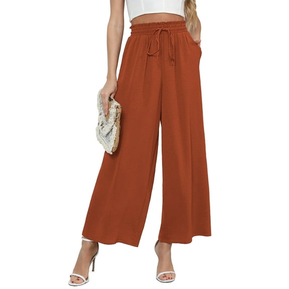 Uvplove Women's Wide Leg Trousers Palazzo Pants Drawstring Waist Summer Loose Trousers with Pockets Caramel-XL