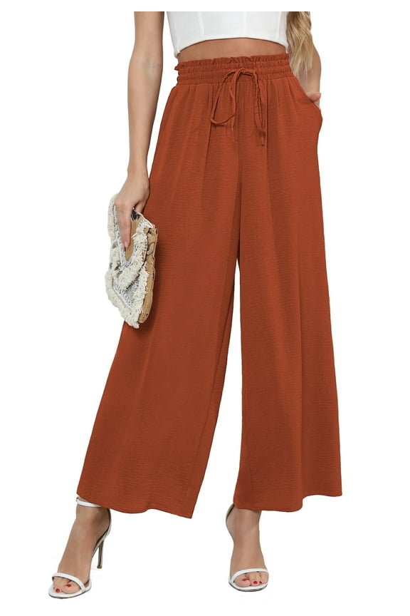 Women's Wide Leg Trousers Palazzo Pants Drawstring Waist Summer Loose Trousers with Pockets Caramel-XXL