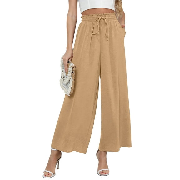 Uvplove Women's Wide Leg Trousers Palazzo Pants Drawstring Waist Summer Loose Trousers with Pockets Khaki-XL
