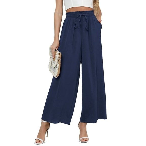 UVPLove Women's High-Waisted Elastic Drawstring Wide Leg Trousers Pants With Pockets Navy Blue - Xl