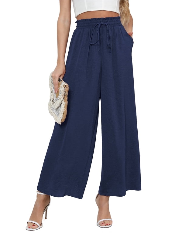 Women's High-Waisted Elastic Drawstring Wide Leg Trousers Pants With Pockets Navy Blue - Xl