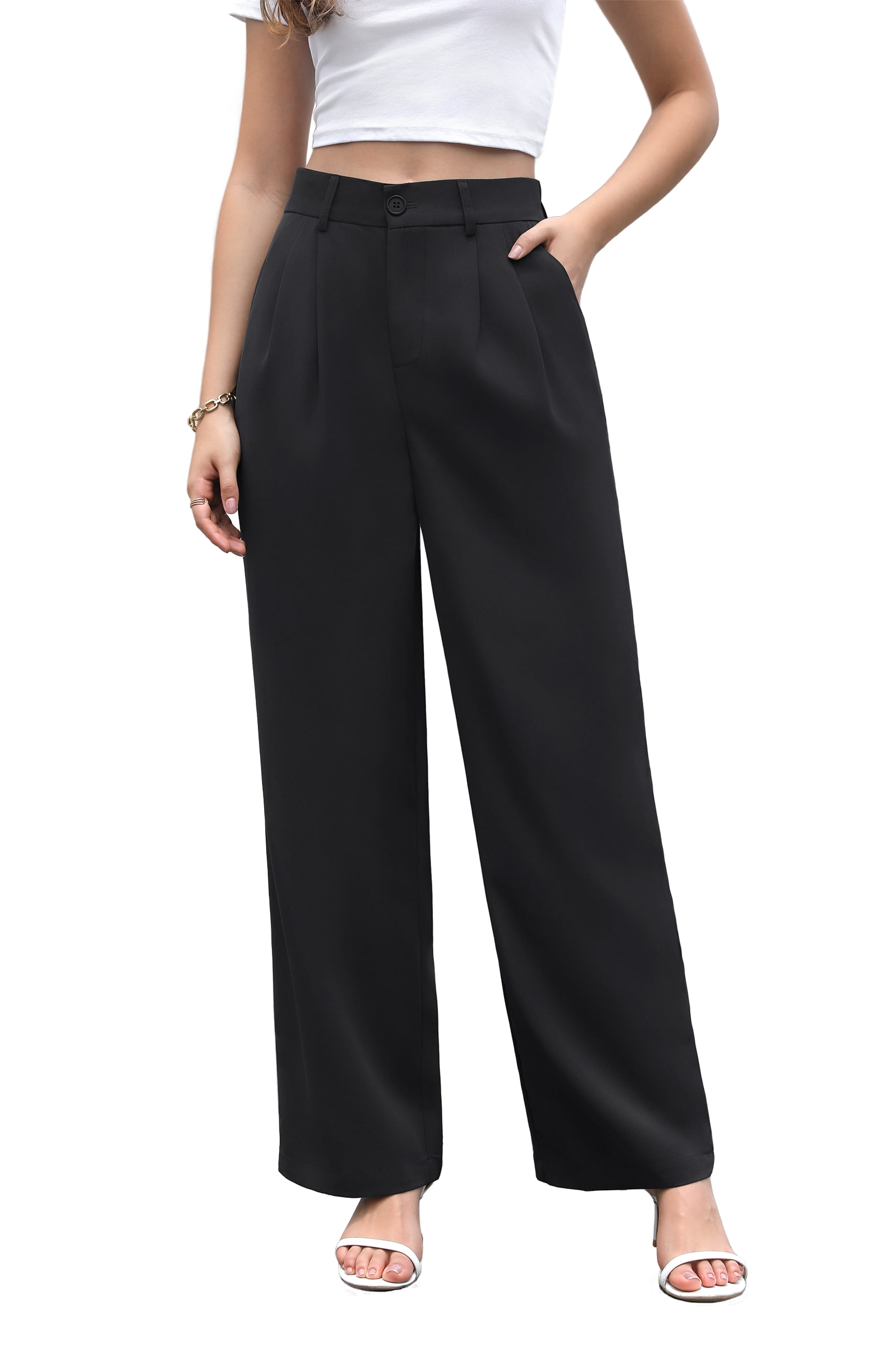 Uvplove Women's Work Trousers Loose Wide Leg Business Pants Breathable Suit Pants Black-M