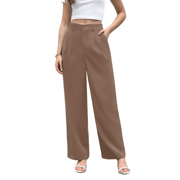 Uvplove Women's Work Trousers Loose Wide Leg Business Pants Breathable Suit Pants Coffee-L