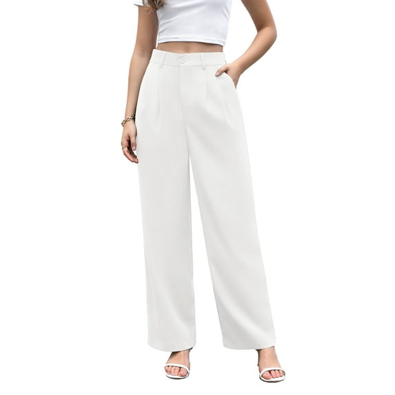 Uvplove Women's Work Trousers Loose Wide Leg Business Pants Breathable Suit Pants White-L