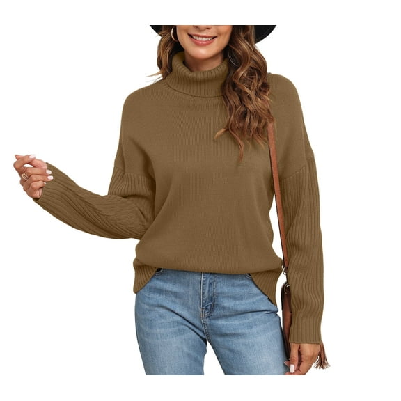 Uvplove Womens 2025 Fall Casual Turtleneck Batwing-Sleeved Chunky Ribbed Knit Tunic Sweaters in Pullover Style
