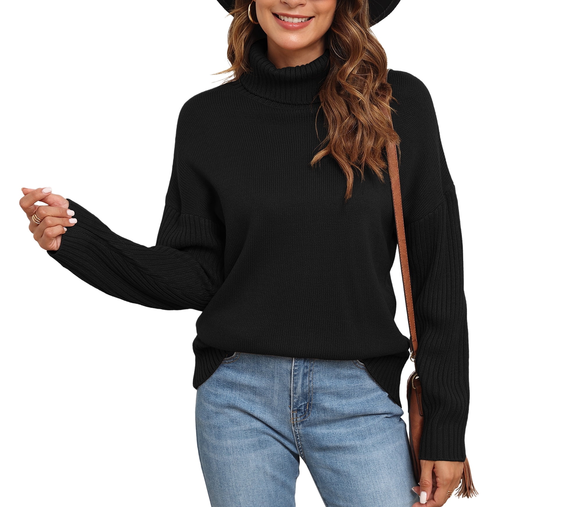 HZSONNE Women's Chunky Knit Turtleneck Sweater - Batwing Sleeve, Oversized Pullover, Blue, Large