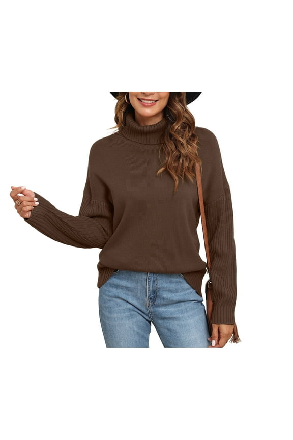 Womens 2025 Fall Casual Turtleneck Batwing-Sleeved Chunky Ribbed Knit Tunic Sweaters in Pullover Style