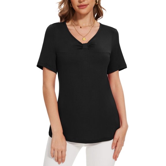 Uvplove Womens Blouse V Neck Knot Front Short Sleeve Basic Casual T Shirt Black-M
