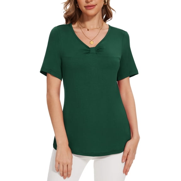 Uvplove Womens Blouse V Neck Knot Front Short Sleeve Basic Casual T Shirt Dark Green-L