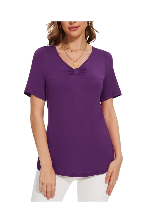 Womens Blouse V Neck Knot Front Short Sleeve Basic Casual T Shirt Purple-XL