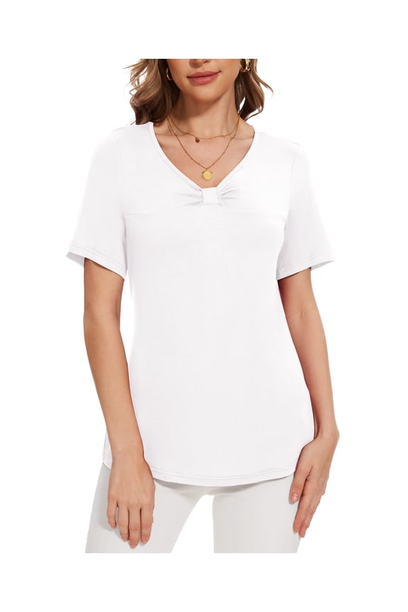 Womens Blouse V Neck Knot Front Short Sleeve Basic Casual T Shirt White-XL