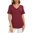 thumbnail image 1 of Uvplove Womens Blouse V Neck Knot Front Short Sleeve Basic Casual T Shirt Wine Red-L, 1 of 8