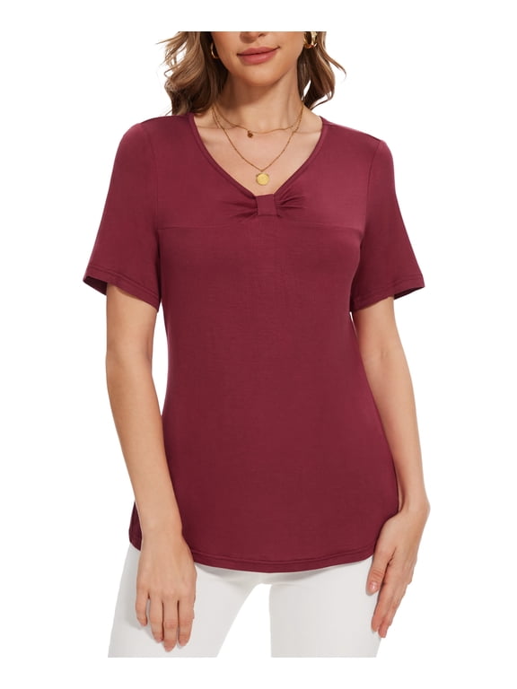 Womens Blouse V Neck Knot Front Short Sleeve Basic Casual T Shirt Wine Red-L