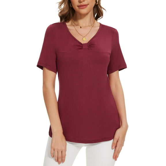 Uvplove Womens Blouse V Neck Knot Front Short Sleeve Basic Casual T Shirt Wine Red-XL