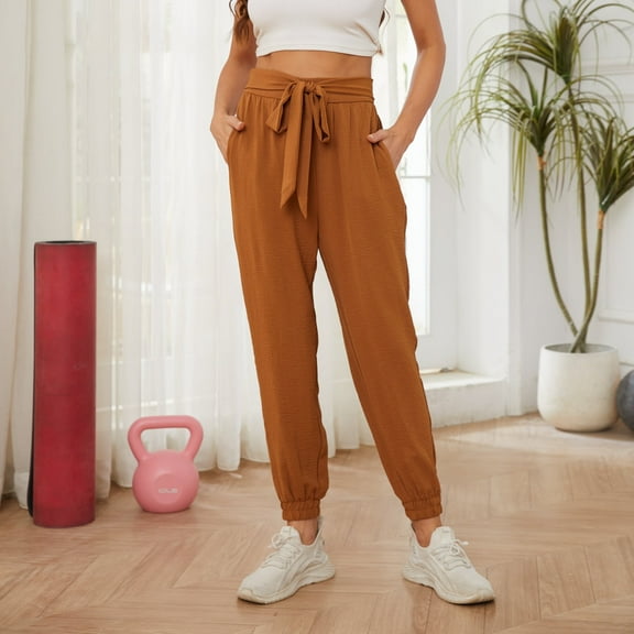 Uvplove Women's Bow-Knot Tapered Ankle Pants with Pockets Soft Lightweight Trousers Elastic Waist Black-S