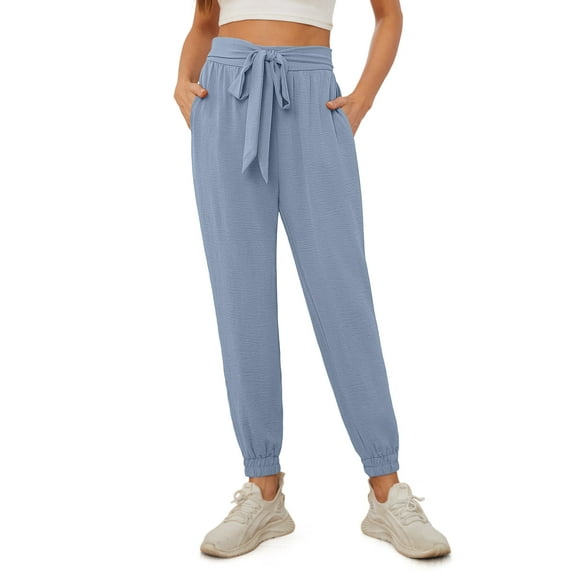 Uvplove Women's Bow-Knot Tapered Ankle Pants with Pockets Soft Lightweight Trousers Elastic Waist Black-S