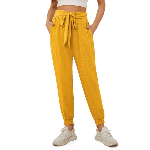 Uvplove Women's Bow-Knot Tapered Ankle Pants with Pockets Soft Lightweight Trousers Elastic Waist Black-S