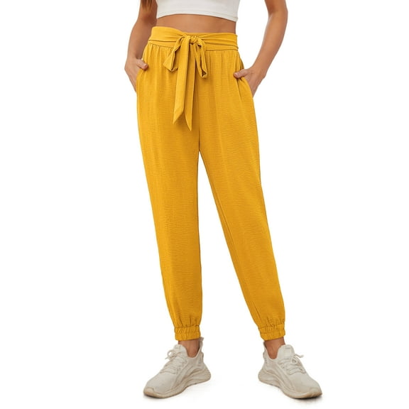 Uvplove Women's Bow-Knot Tapered Ankle Pants with Pockets Soft Lightweight Trousers Elastic Waist Black-S