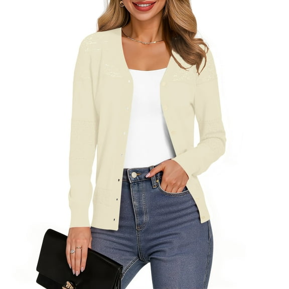 Uvplove Womens Casual Long Sleeve Cardigan Button Down Soft Open Front Knit Sweater,Beige,M-3XL