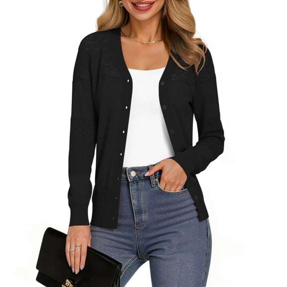 Uvplove Womens Casual Long Sleeve Cardigan Button Down Soft Open Front Knit Sweater,Black,M-3XL