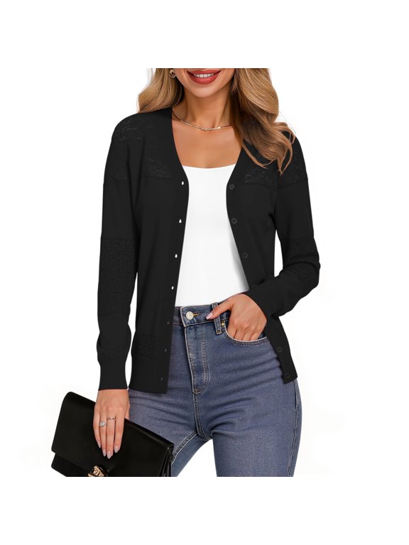 Womens Casual Long Sleeve Cardigan Button Down Soft Open Front Knit Sweater,Black,M-3XL