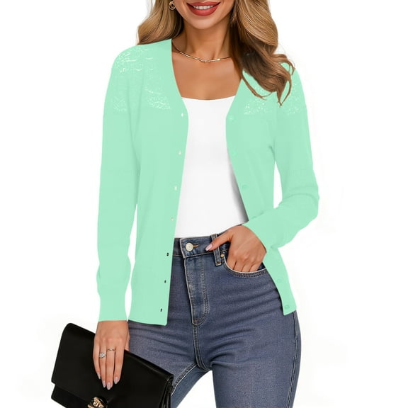 Uvplove Womens Casual Long Sleeve Cardigan Button Down Soft Open Front Knit Sweater,Light Green,M-3XL