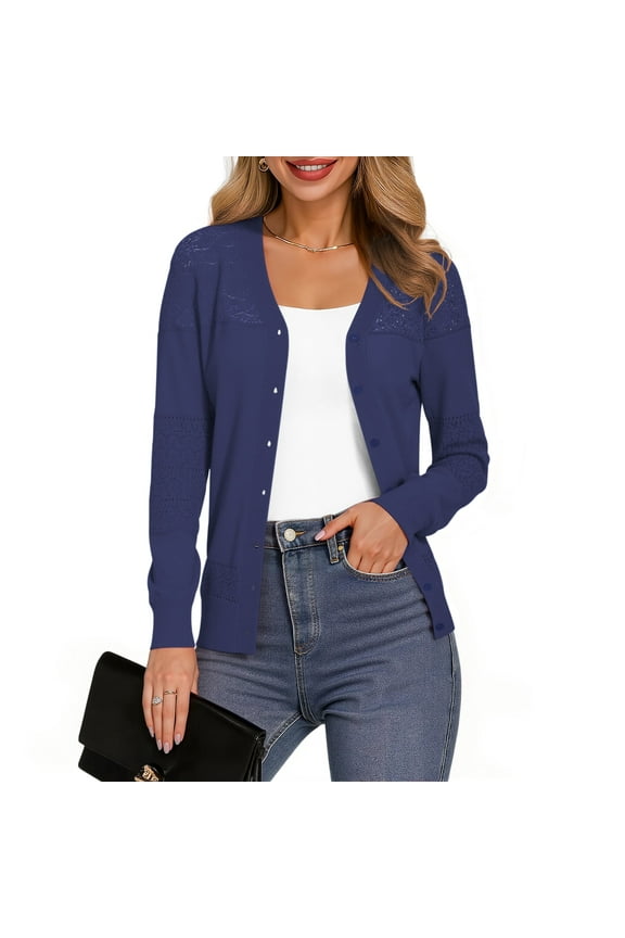 Womens Casual Long Sleeve Cardigan Button Down Soft Open Front Knit Sweater,Navy Blue,M-3XL