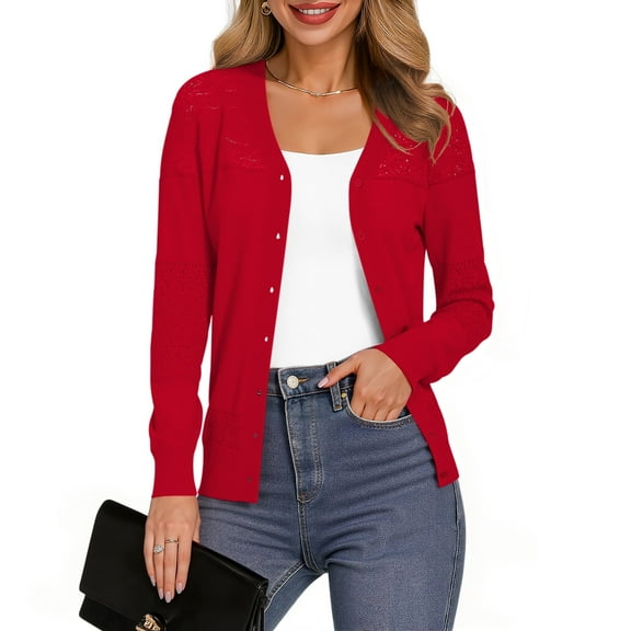 Uvplove Womens Casual Long Sleeve Cardigan Button Down Soft Open Front Knit Sweater,Red,M-3XL