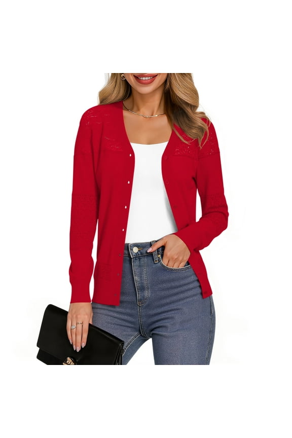 Womens Casual Long Sleeve Cardigan Button Down Soft Open Front Knit Sweater,Red,M-3XL