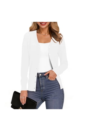 Womens Casual Long Sleeve Cardigan Button Down Soft Open Front Knit Sweater,White,M-3XL