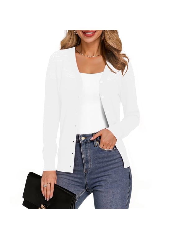 Womens Casual Long Sleeve Cardigan Button Down Soft Open Front Knit Sweater,White,M-3XL