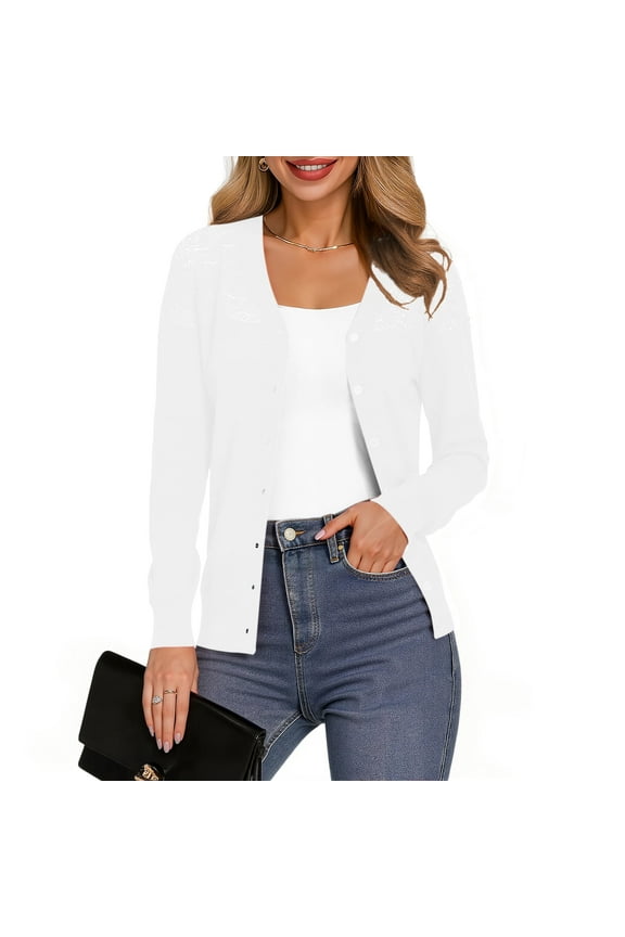 Womens Casual Long Sleeve Cardigan Button Down Soft Open Front Knit Sweater,White,M-3XL